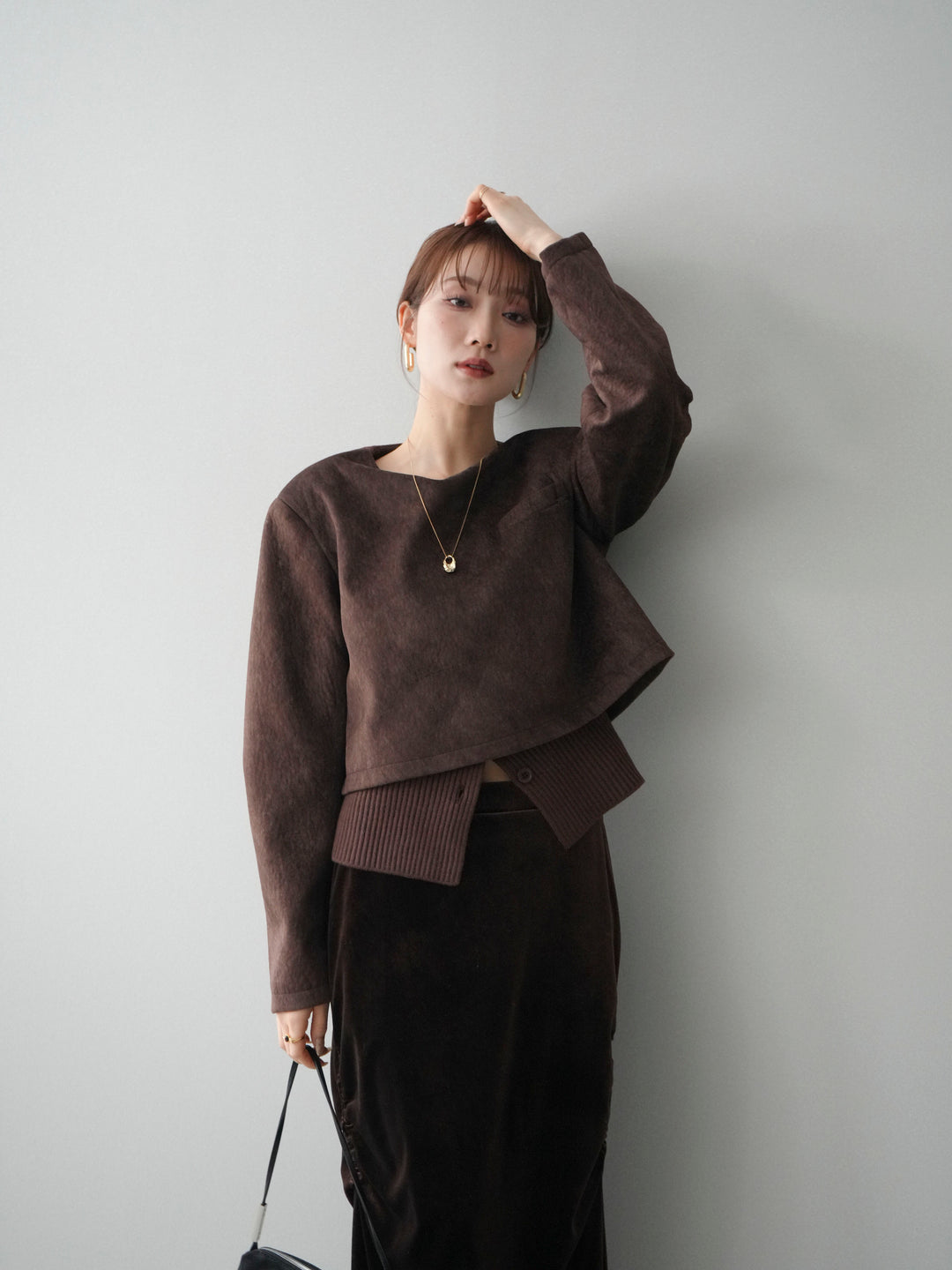 [予約]リブニットレイヤードスエードプルオーバー/brown