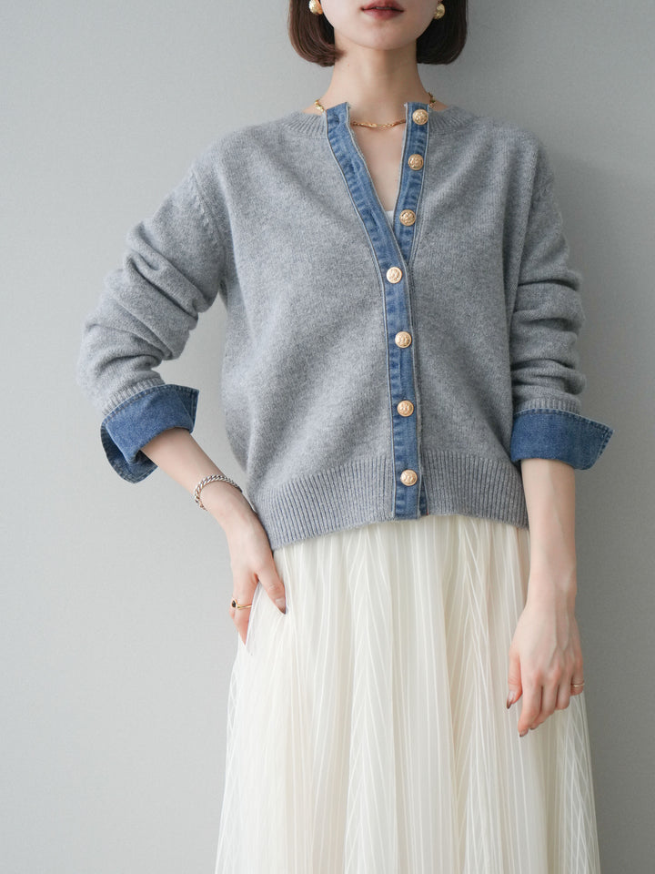 [SET]クルーネックデニムドッキングニットカーディガン+選べるアクセセット(2set)