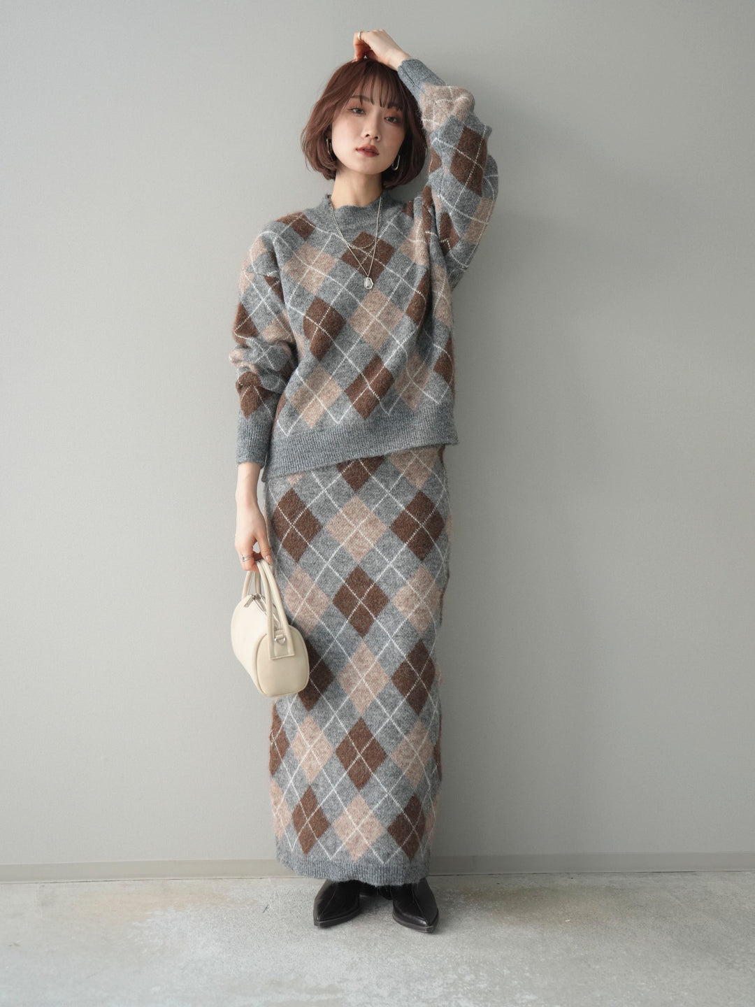 [SET]アーガイルニットプルオーバー&ロングスカートSET UP+選べるアクセセット(2set)