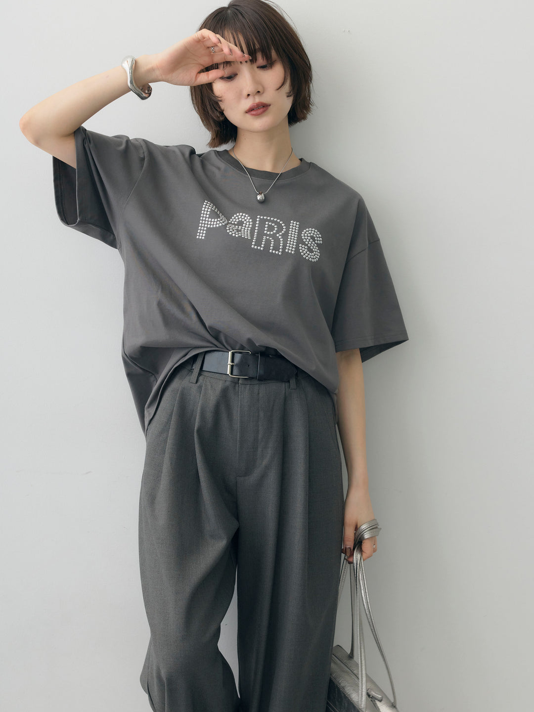 [SET]スタッズロゴTEE+ベルトデザインツータックドレープワイドパンツ(2set)