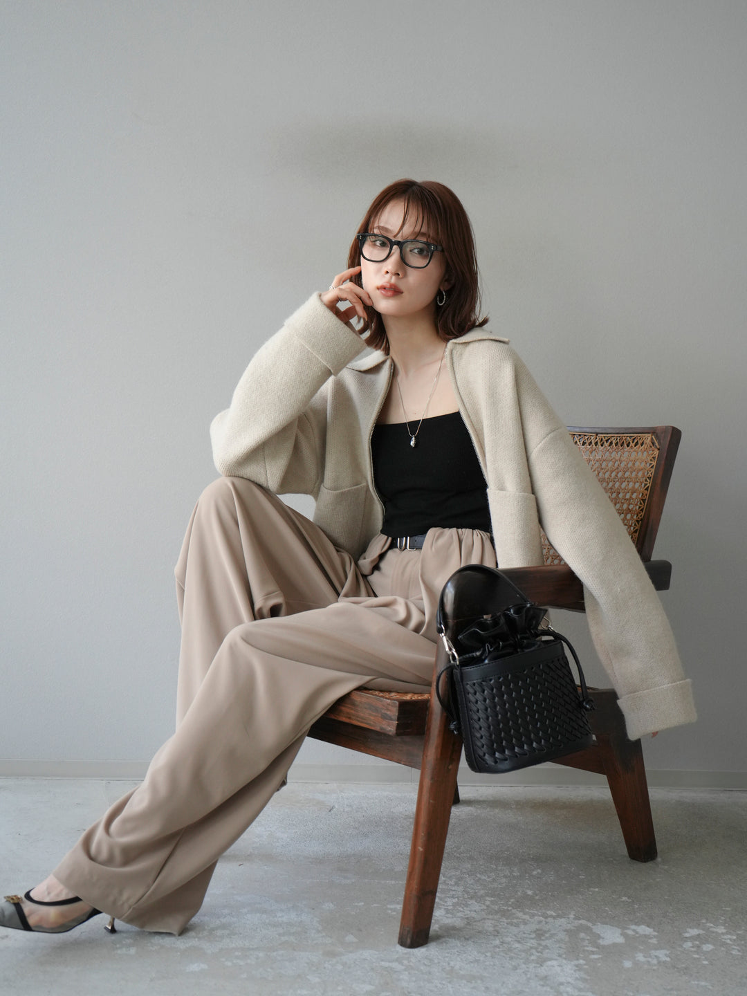 [予約]ポロ襟ジップニットカーディガン/アイボリー