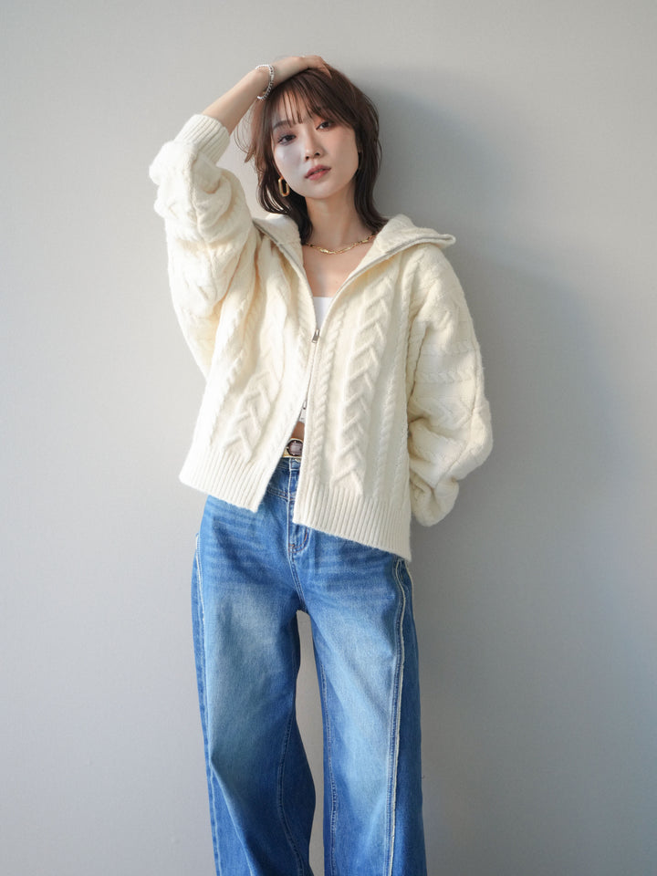 [SET]ケーブル編みハイネックZIPニットカーディガン+サイドフリンジワイドデニムパンツ(2set)