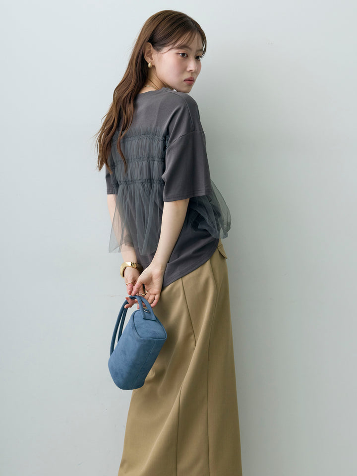 [SET]ギャザーチュールドッキングTEE+クレープデシンフラップ付きストレートスカート(2set)