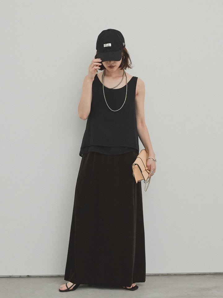 [SET]ワッシャーサテンシアーレイヤードタンクトップ+ベロアナロースカート(2set)
