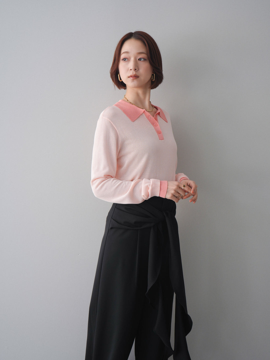 [SET]配色デザインシアーポロニット+ラッフルベルトワイドパンツ(2set)