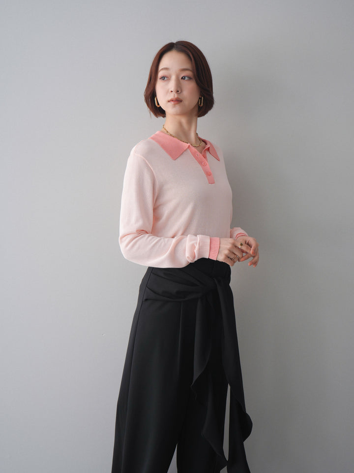 [SET]配色デザインシアーポロニット+ラッフルベルトワイドパンツ(2set)