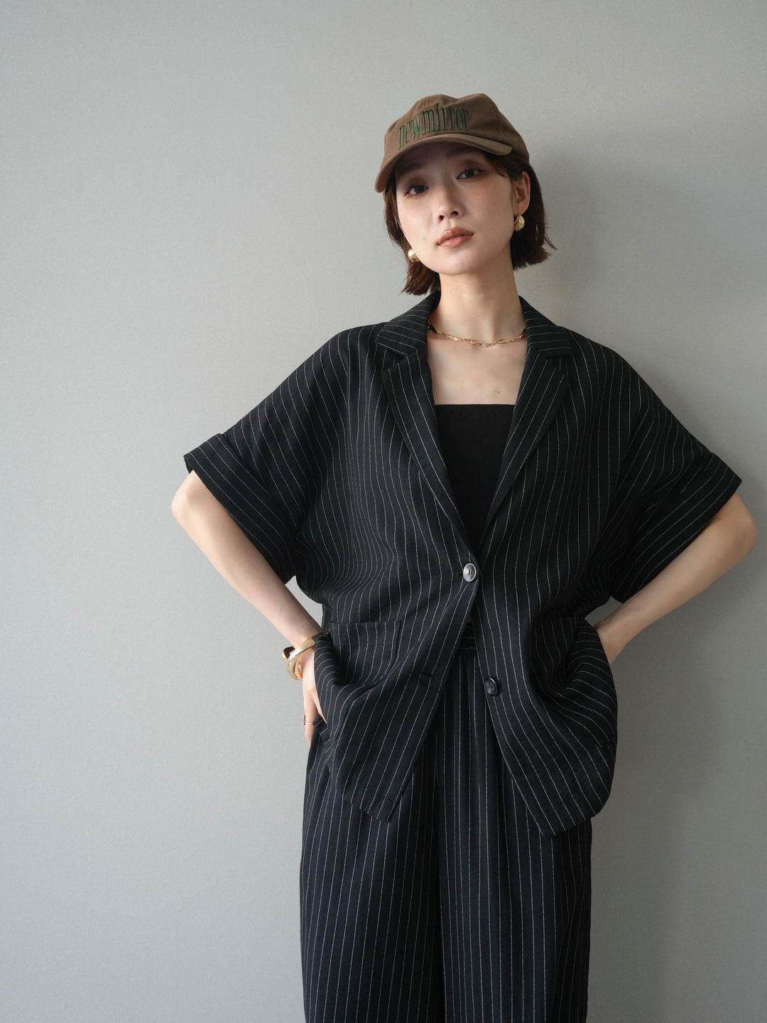 [SET]ストライプハーフスリーブオーバージャケット+ストライプリラックスワイドパンツ(2set)