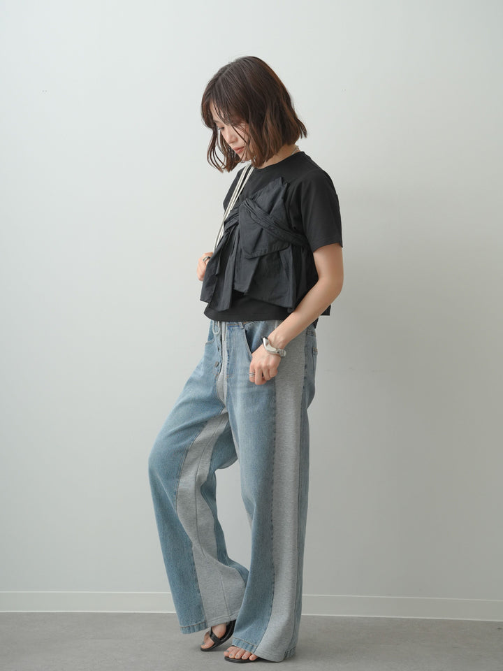 [SET]ナイロンドッキングツイストTEE +デニム切替スウェットパンツ(2set)