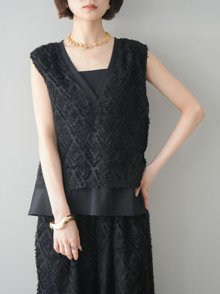 [SET]フリンジレイヤードVネックノースリーブ+フリンジイージーストレートパンツ(2set)