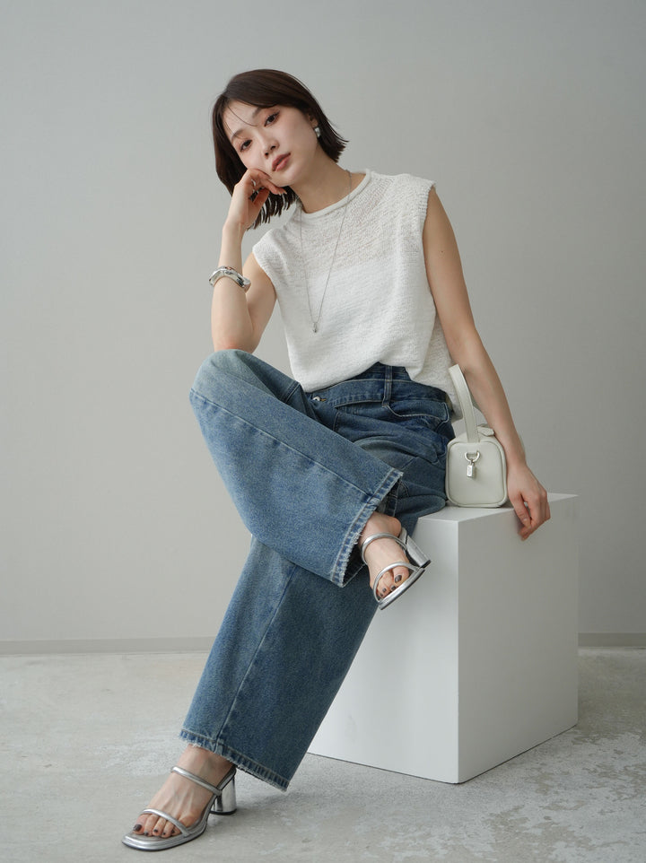 【套裝】無袖亞麻質感透視針織套頭衫 + 不對稱闊腿牛仔褲（兩件套）