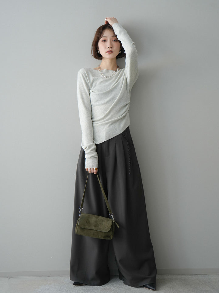 [予約]編み込みベルト付タックワイドパンツ/gray