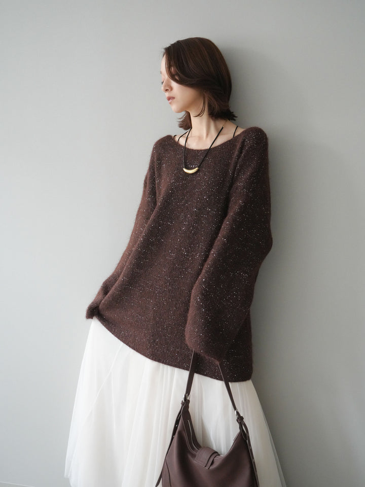 [予約]スパンコールミニシャギーニットチュニック/brown