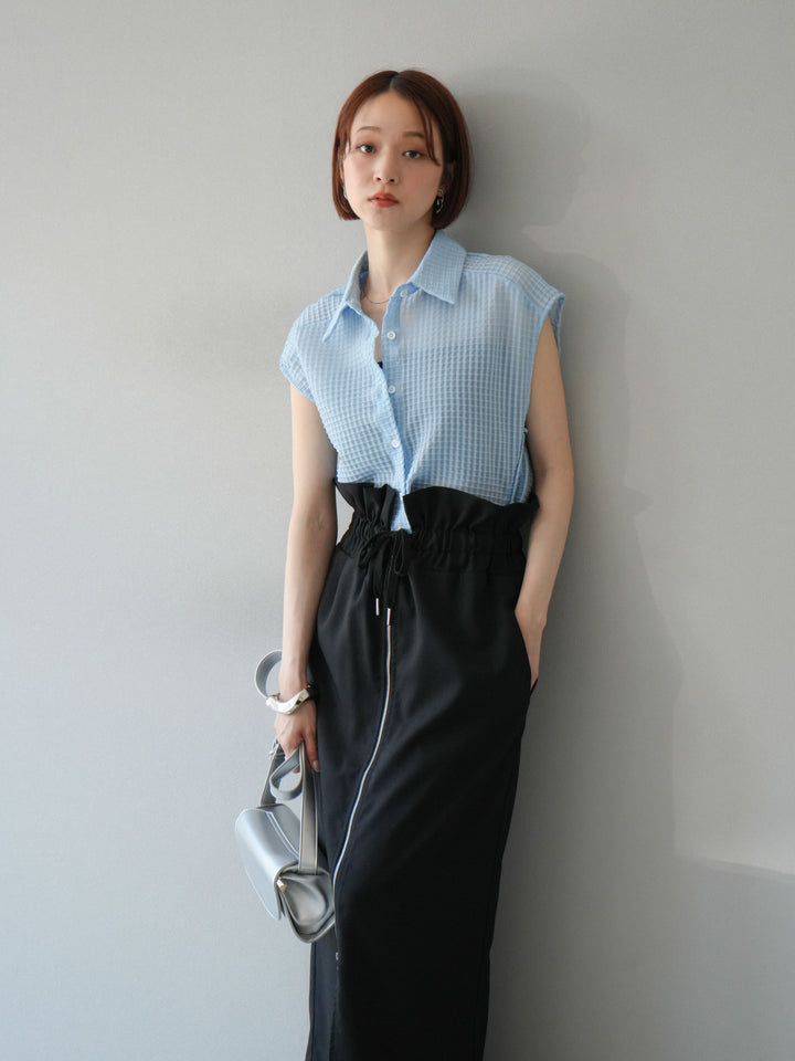 [SET]シアーチェックノースリーブシャツ+ヘザーエステルギャザージップスカート(2set)