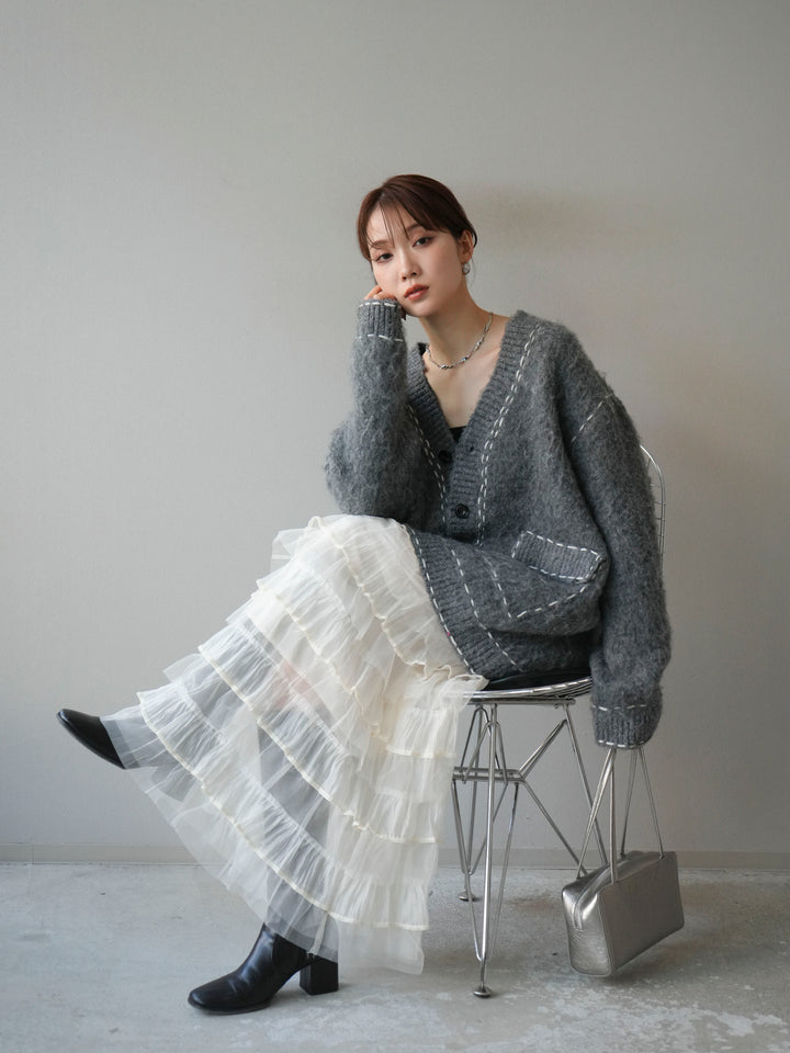 [予約]ステッチVネックニットカーディガン/グレー