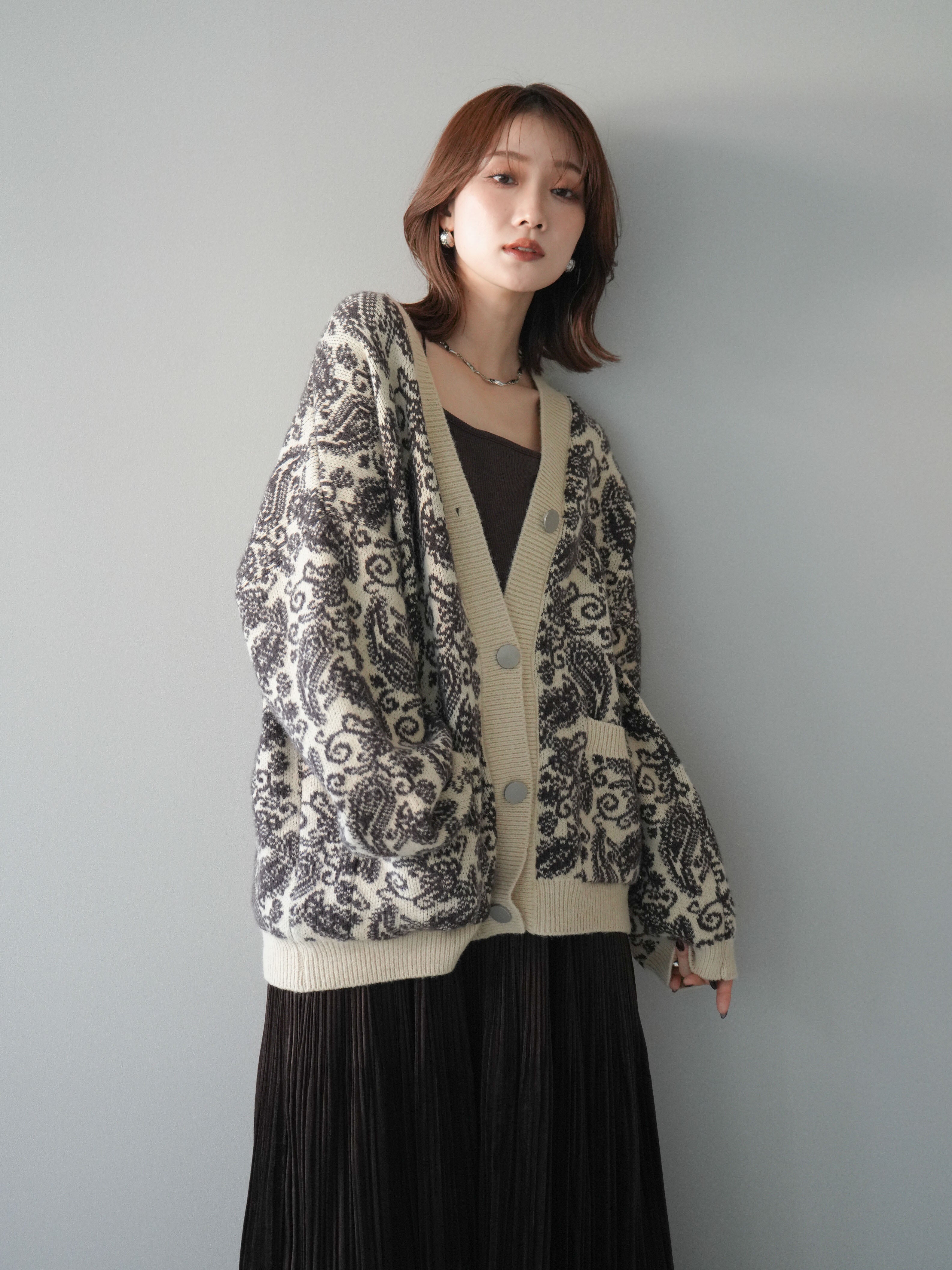 SET]ペイズリー柄ニットカーディガン+パンチングデザインスエード