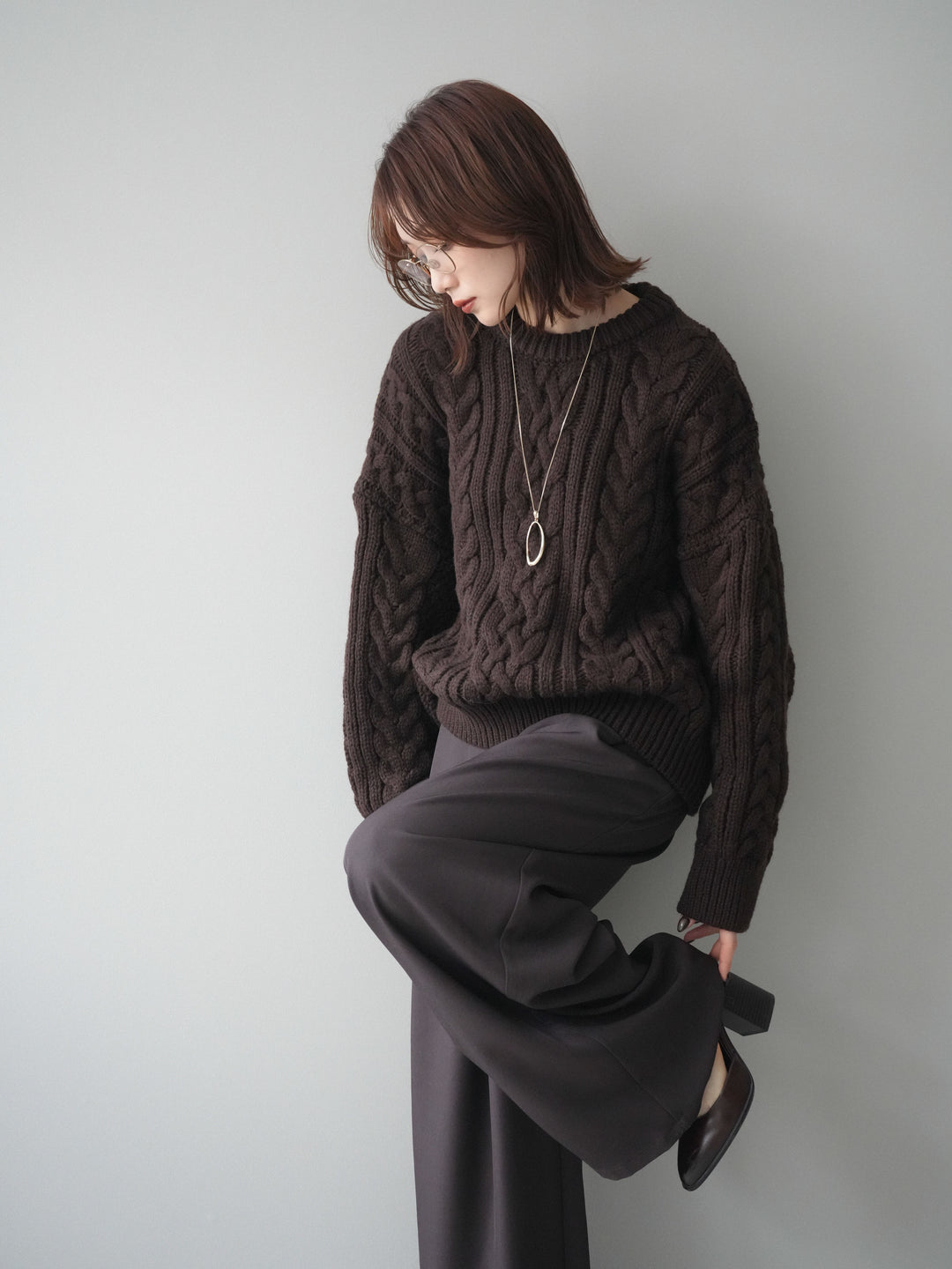 [予約]ボリュームケーブルニットプルオーバー/brown