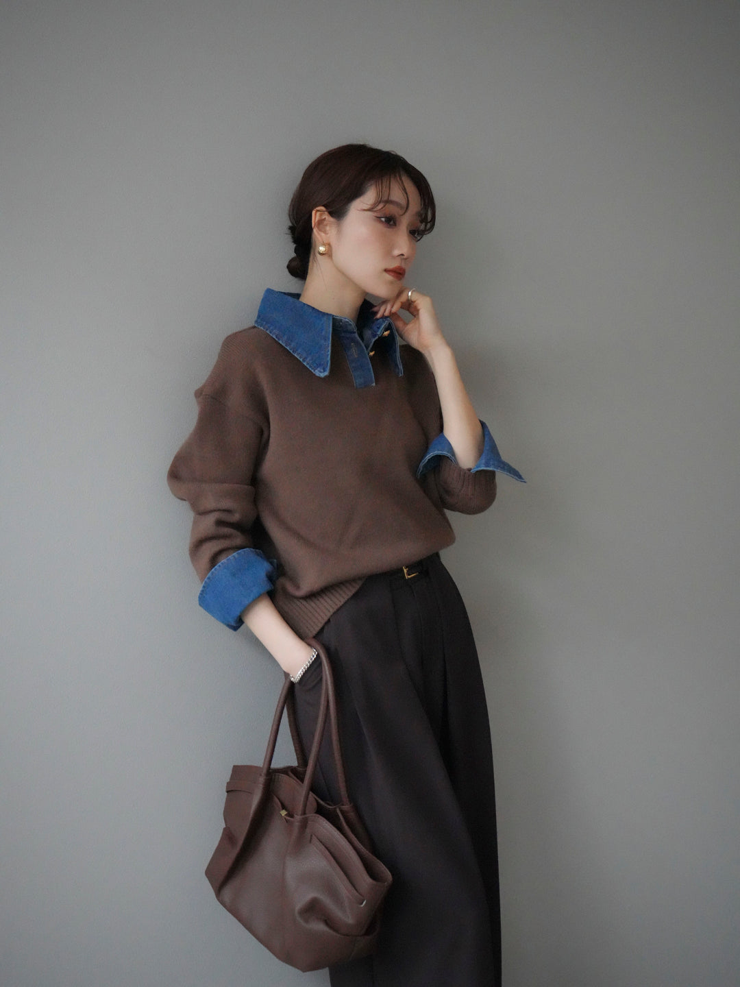 [SET]デニム襟ポロニットプルオーバー+ベルトループデザインワイドパンツ(2set)