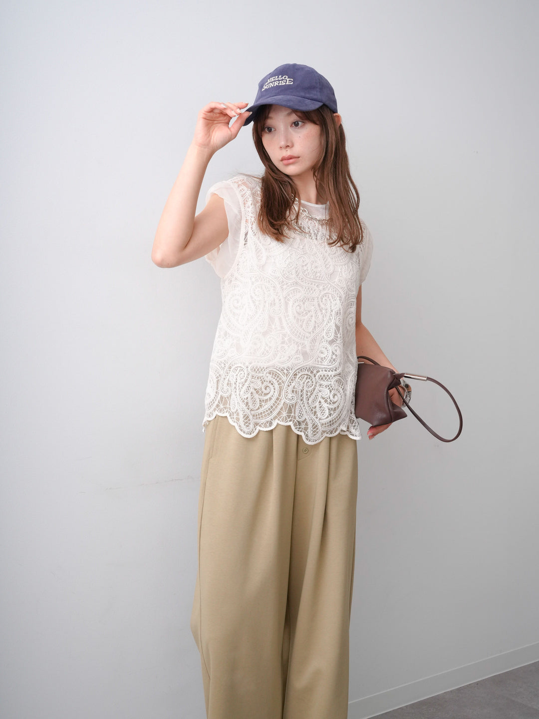 [SET]スカラップヘムレーストップス+リラックスドレープスウェットパンツ(2set)