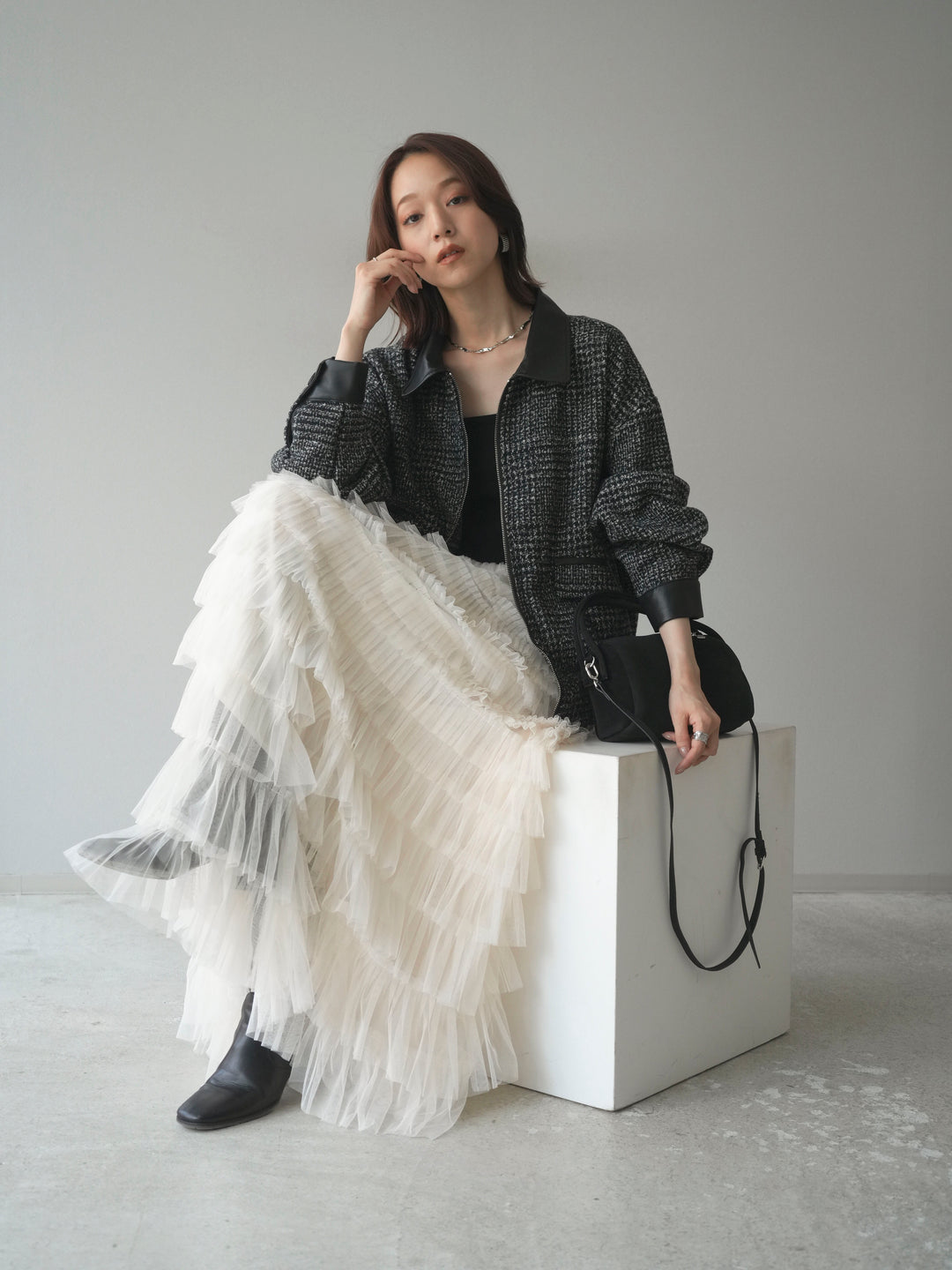 [予約]レザー襟ミックスツイードジャケット/black