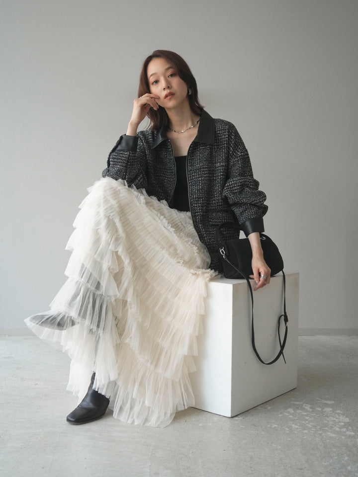 [予約]レザー襟ミックスツイードジャケット/black