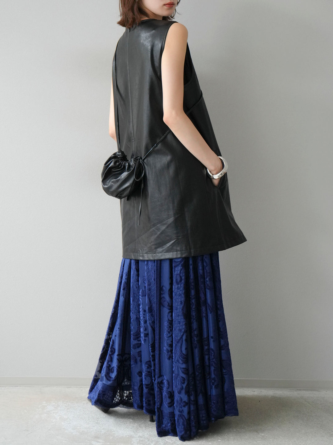 [予約]アンティーク柄フロッキーマキシスカート/ブルー