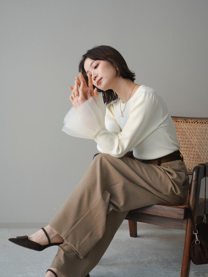 [SET]袖チュールパワショルリブニットトップス+サテンベルトタックワイドパンツ(2set)