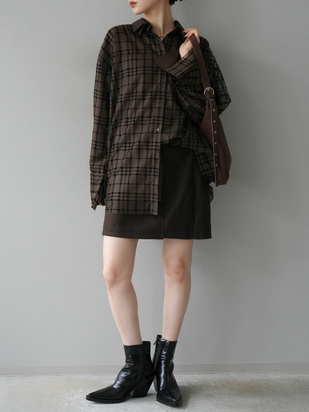 [予約]チェック柄チュールシャツアンサンブル/ブラウン