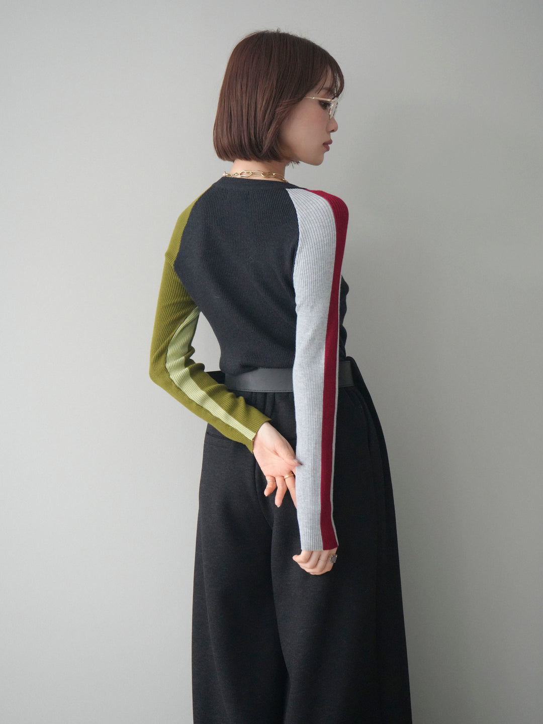 [SET]バイカラーラグランニットトップス+ベルトデザインループウールワイドパンツ(ベルト付)(2set)