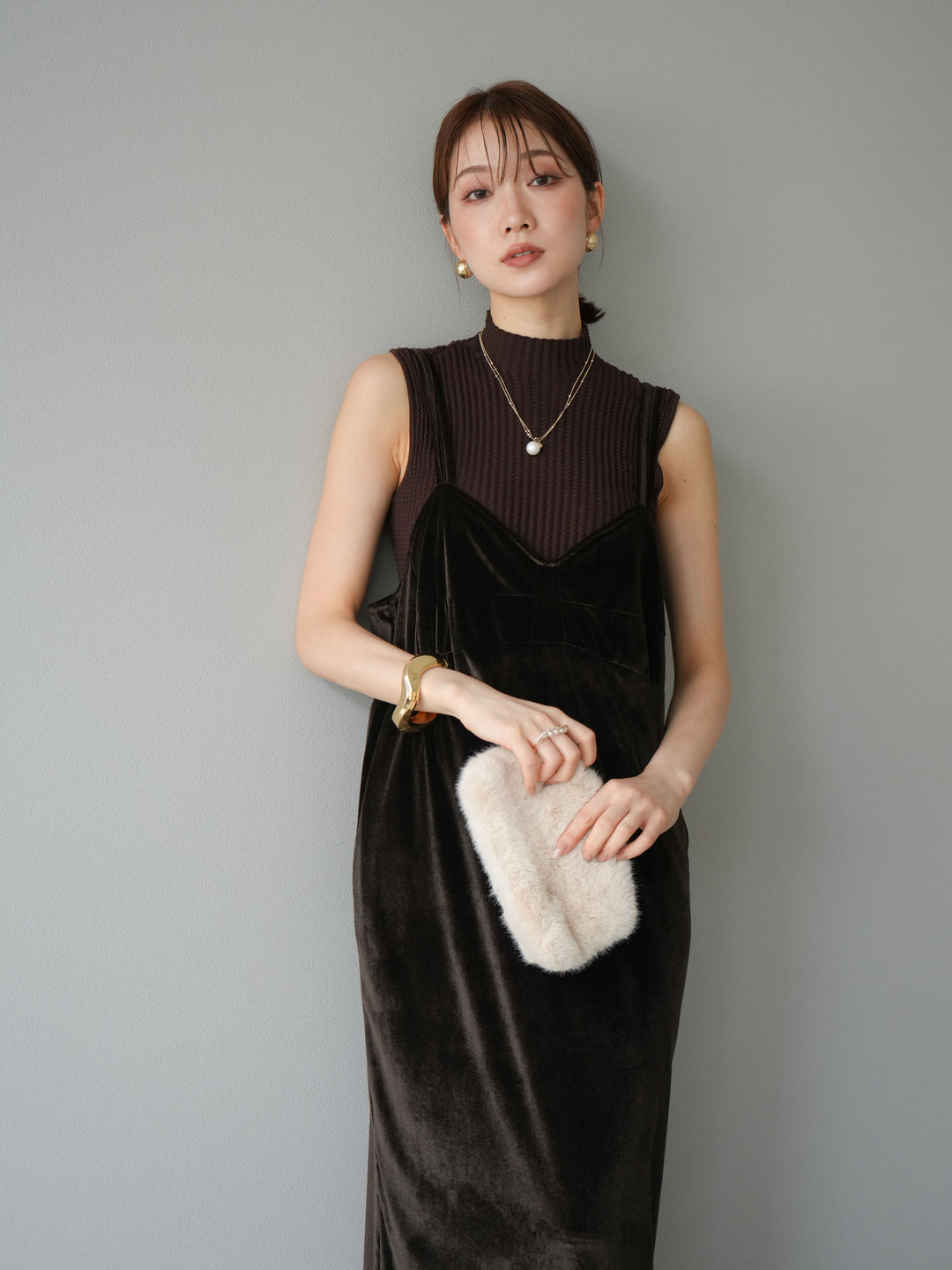 [予約]ボトルネックワッフル編みノースリーブニットトップス/ブラウン