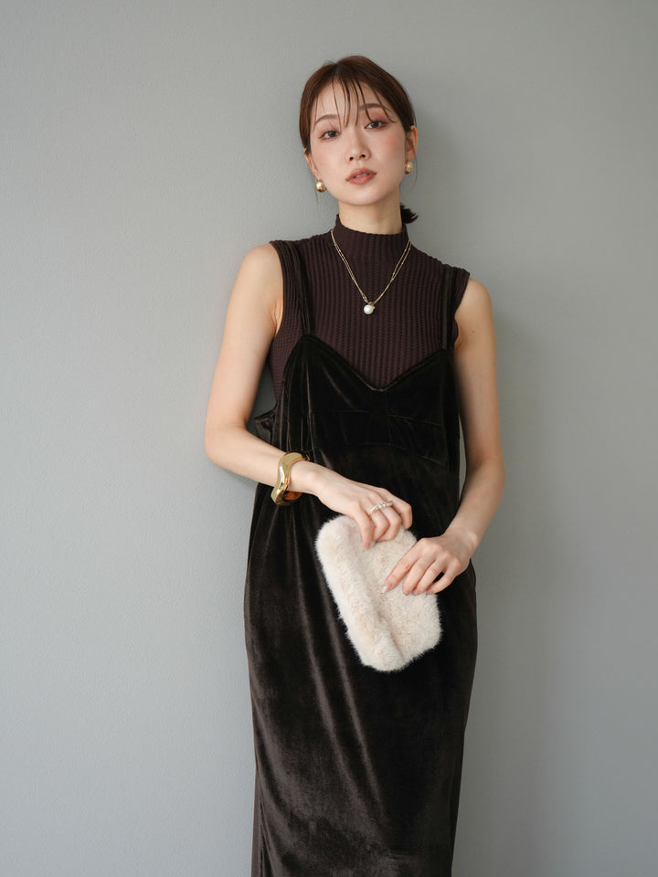 [予約]ボトルネックワッフル編みノースリーブニットトップス/ブラウン