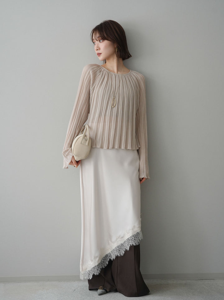 [SET]プリーツシアーフレアスリーブニットトップス+センターシームフレアパンツ+サテンライクアシメレーススカート(3set)