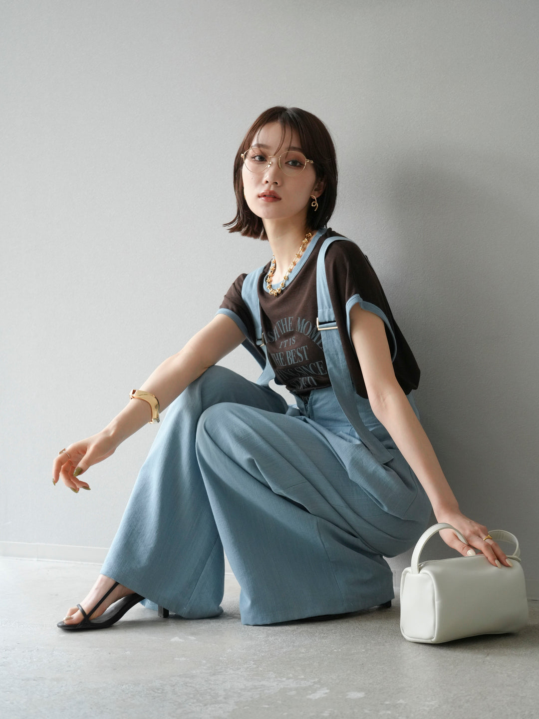 [SET]ストリングデザインハイウエストサロペット+シアーフライス ロゴプリントT (2set)