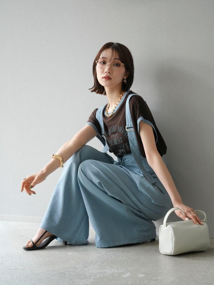 [SET]ストリングデザインハイウエストサロペット+シアーフライス ロゴプリントT (2set)