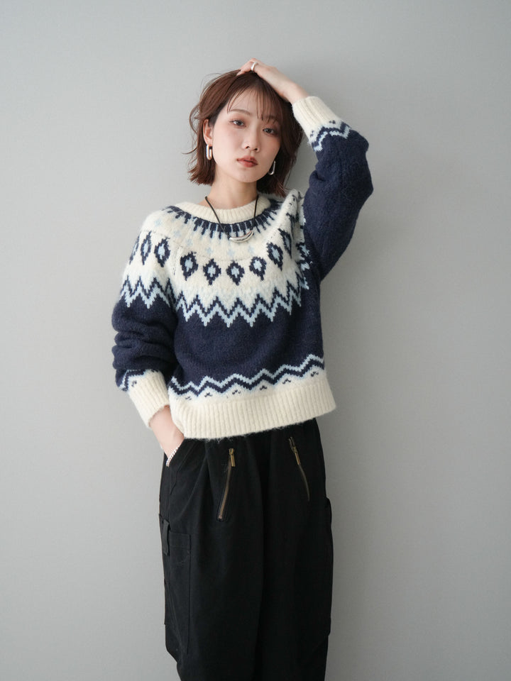 [予約]ノルディック柄ニットプルオーバー/navy