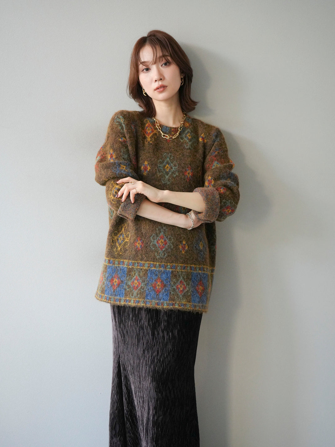 [予約]ヴィンテージ柄オーバーニットプルオーバー/ブラウン