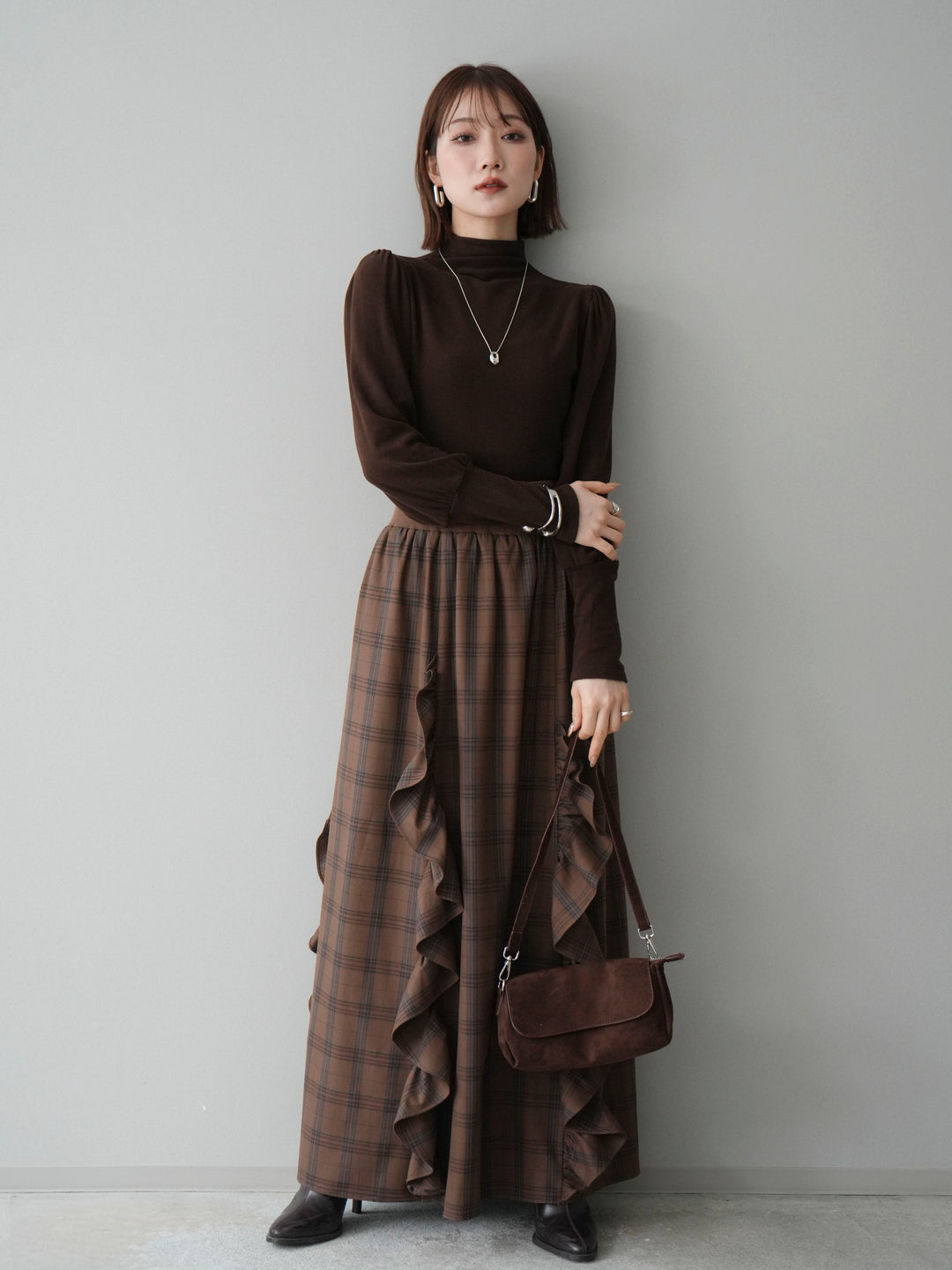 [予約]プチネックパワーショルダー起毛トップス/brown