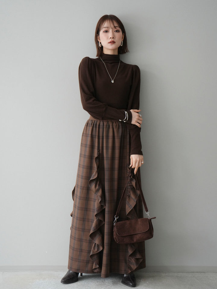 [予約]プチネックパワーショルダー起毛トップス/brown