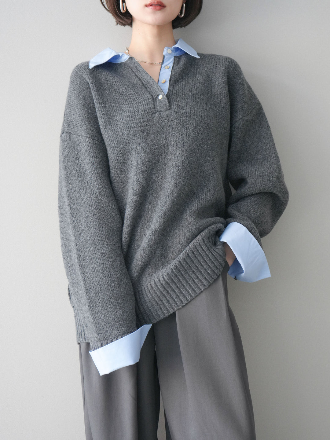 [予約]シャツドッキングオーバーニットプルオーバー/charcoalsax