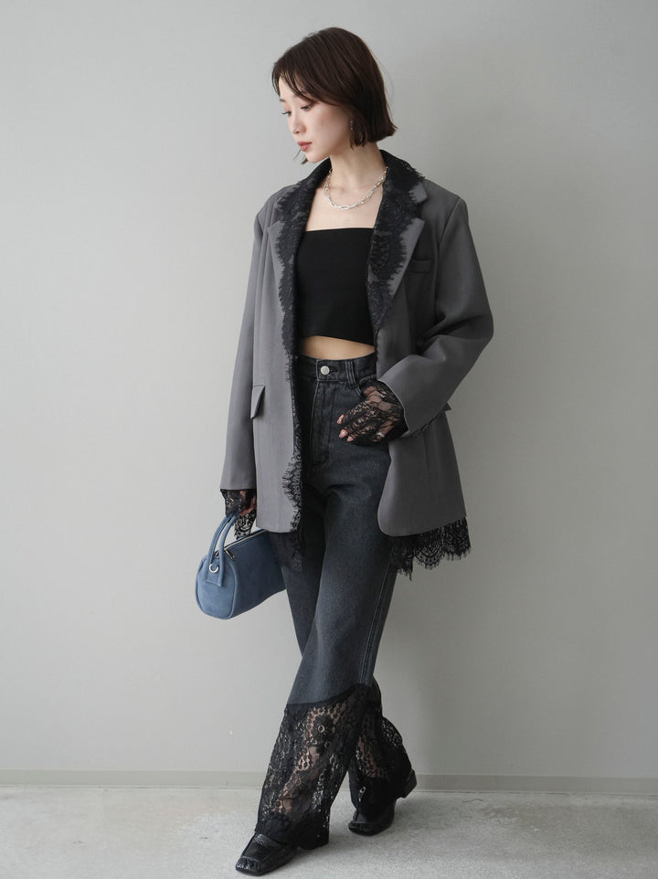 [予約]レース切替フレアデニムパンツ/black