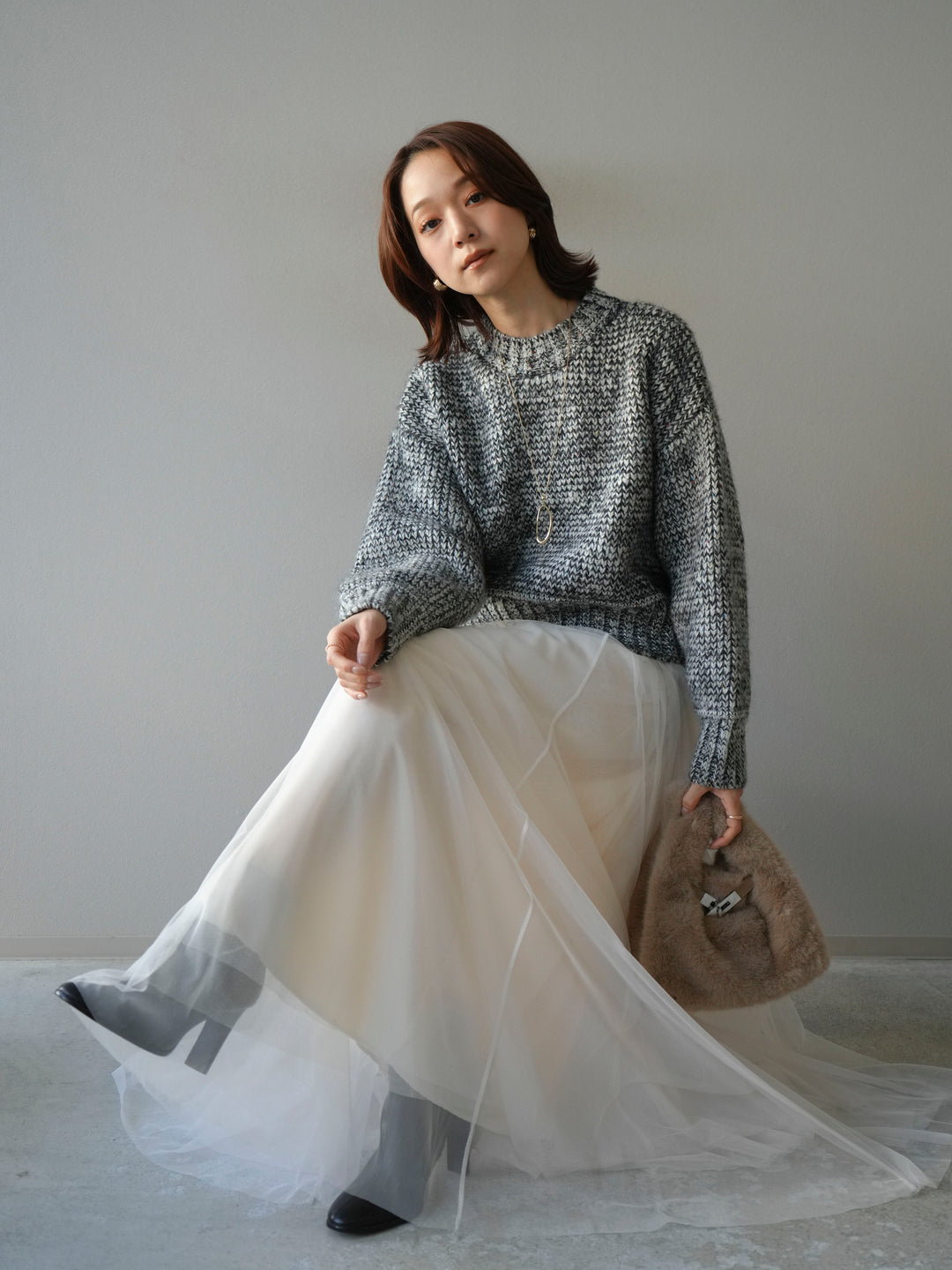 [予約]ボリュームスリーブミックスネップニットプルオーバー/gray
