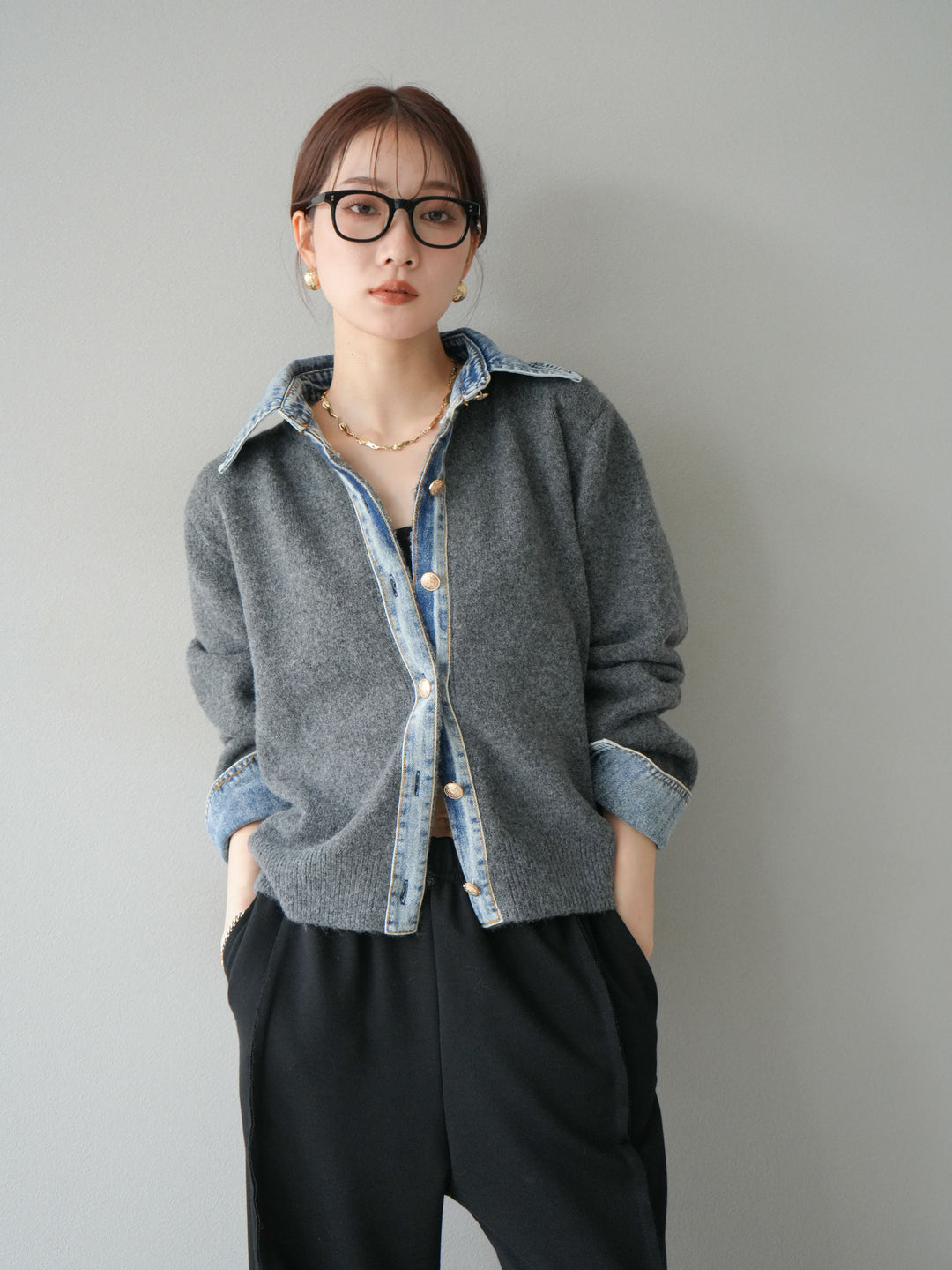 【着回しセット】[SET]デニム襟ボタンニットカーディガン+デニム襟ボタンニットカーディガン+2WAYデザインスウェットパンツ(3set)