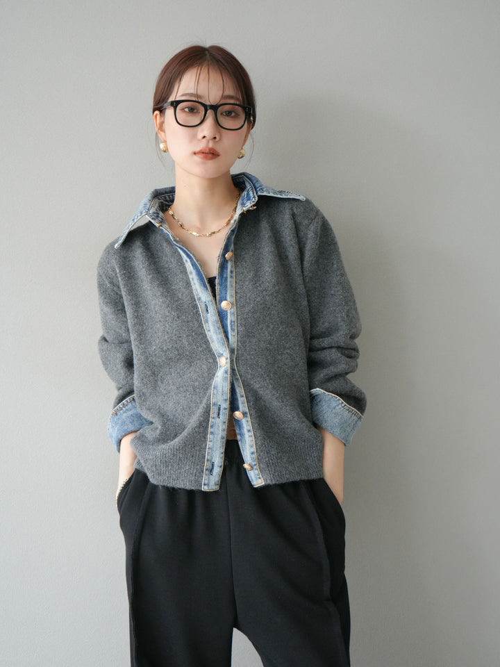 【着回しセット】[SET]デニム襟ボタンニットカーディガン+デニム襟ボタンニットカーディガン+2WAYデザインスウェットパンツ(3set)