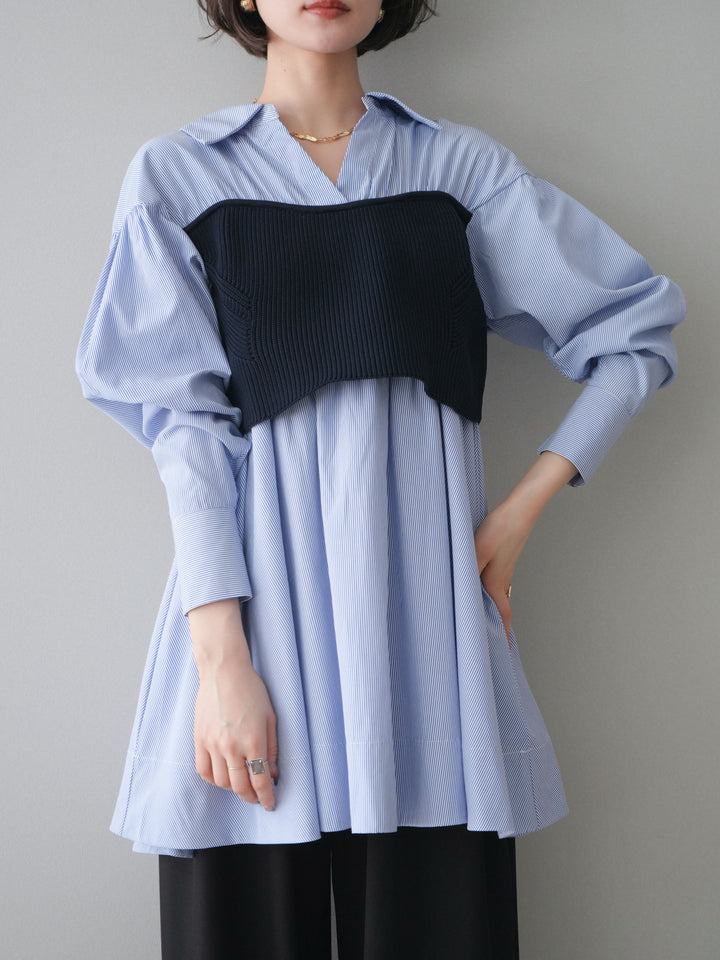[予約]ニットビスチェドッキングフレアシャツチュニック/stripe