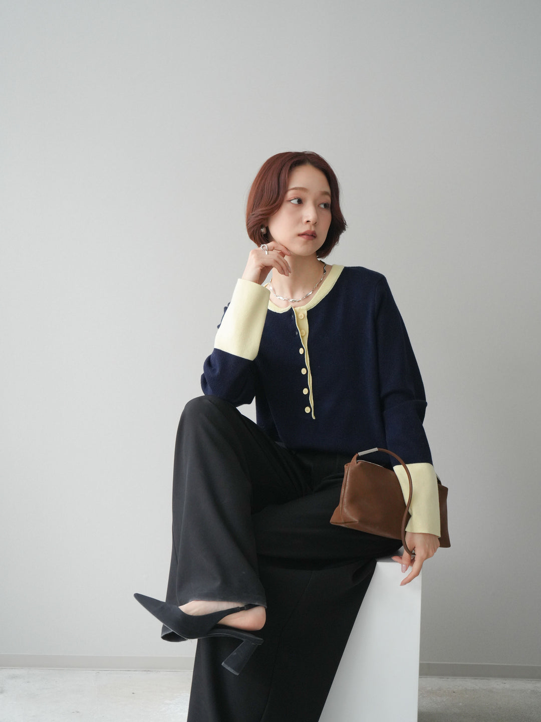 [SET]ヘンリーネック配色ニットソー+ベルトループデザインワイドパンツ(2set)