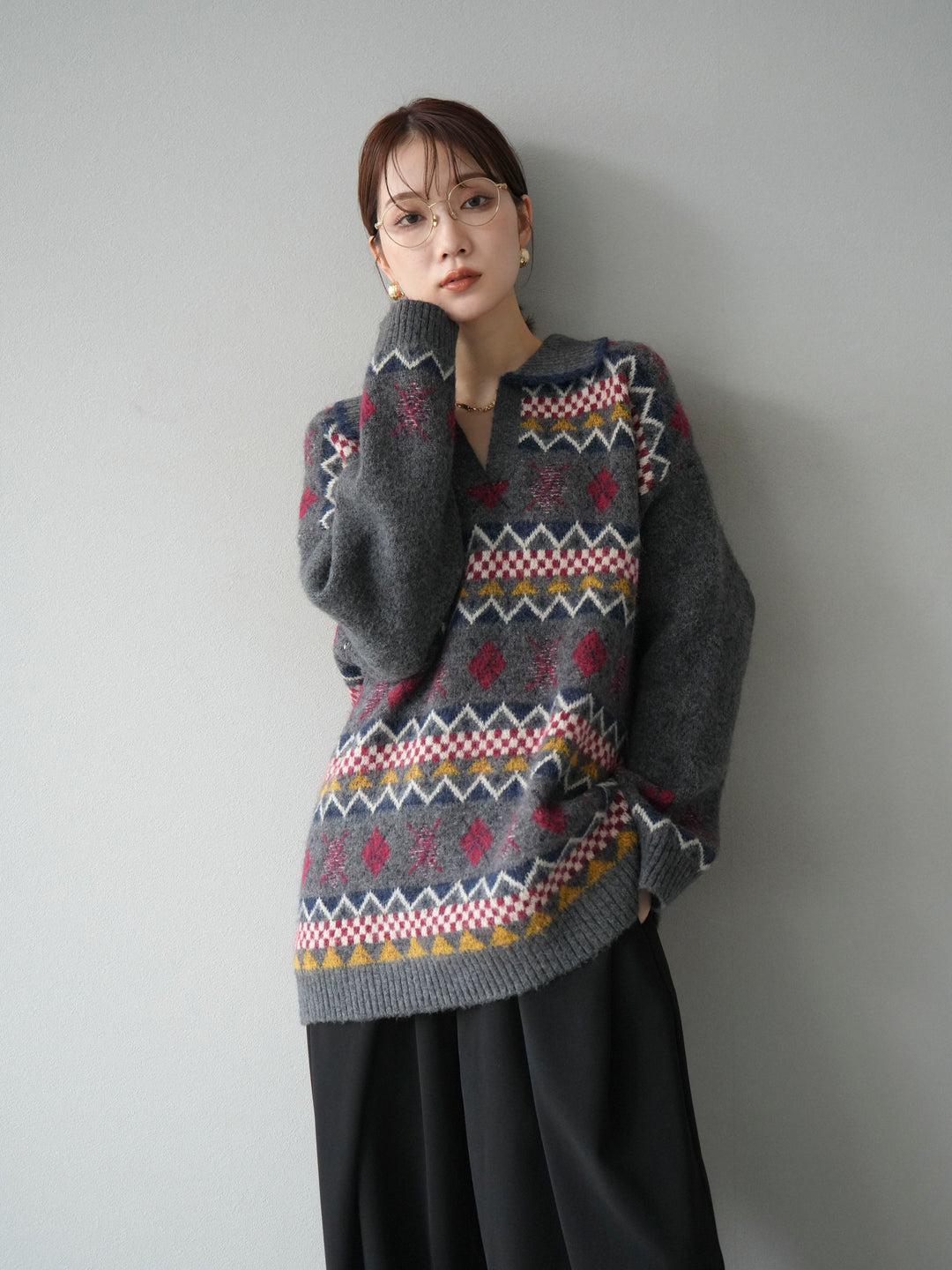 [予約]ノルディック柄ポロニットプルオーバー/チャコール