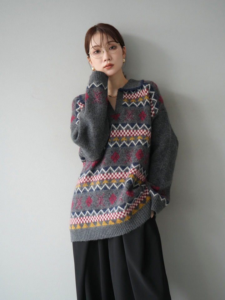 [予約]ノルディック柄ポロニットプルオーバー/チャコール