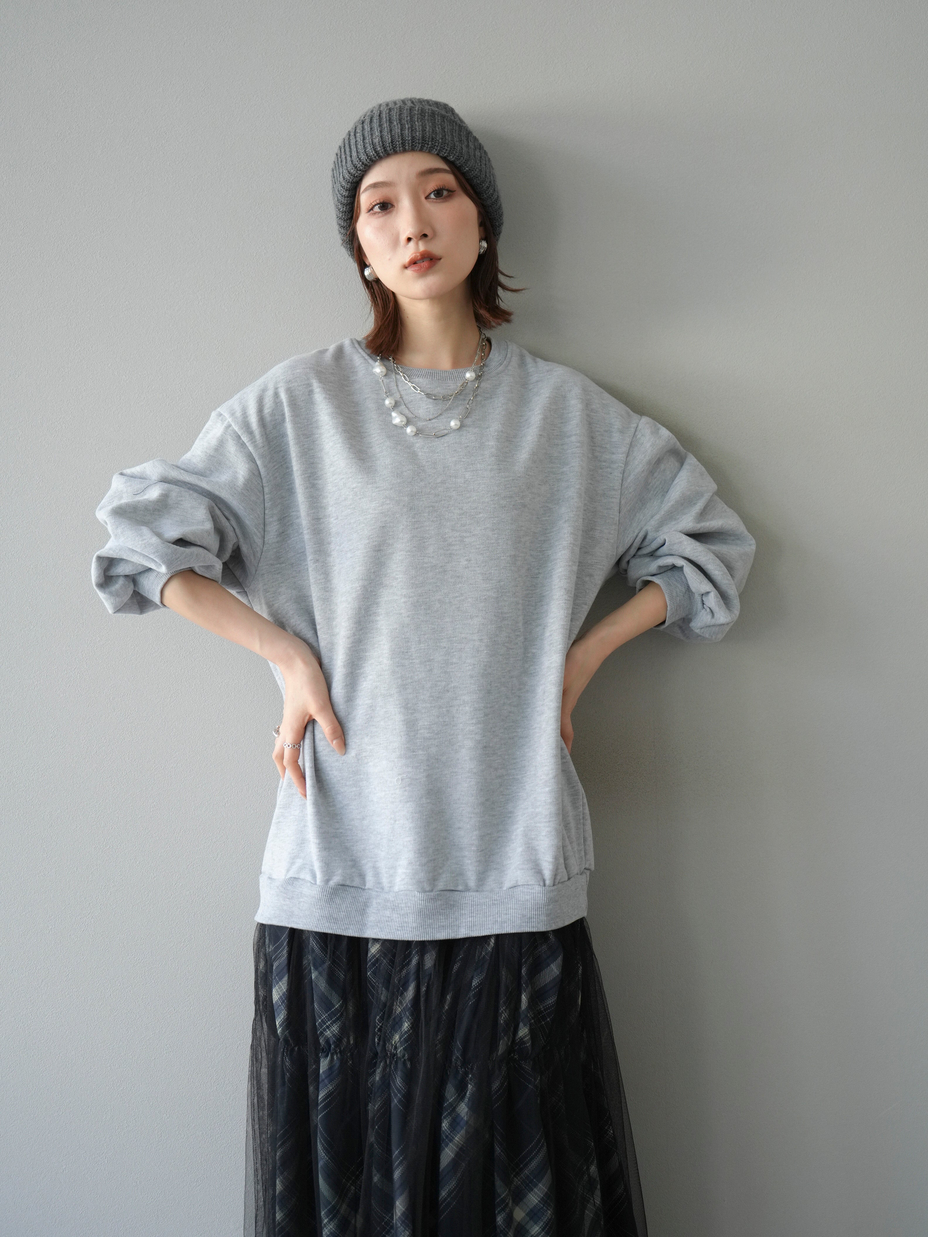 予約]スウェットドッキングチェック柄レイヤードワンピース/グレー