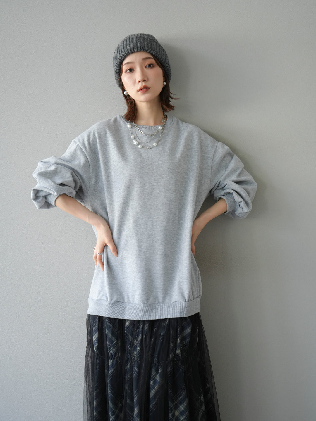 [予約]スウェットドッキングチェック柄レイヤードワンピース/グレー