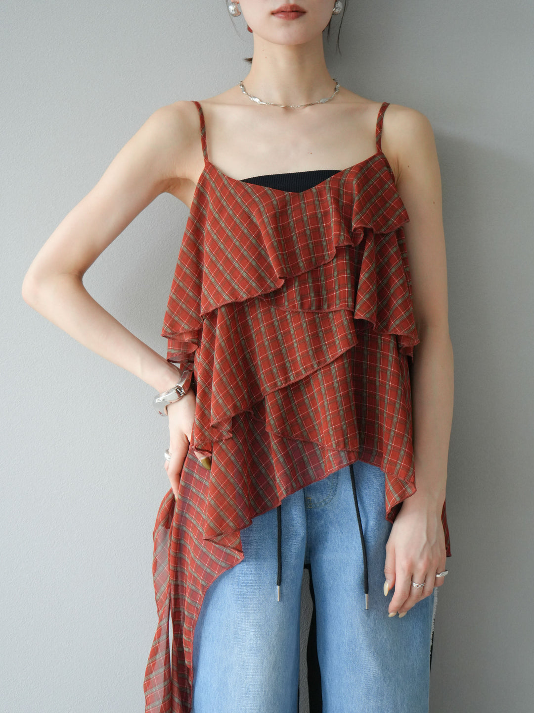 [予約]チェック柄ラッフルキャミソール/レッド