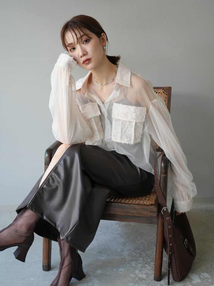 [予約]フリンジジャガード×チュールレイヤードシャツ/アイボリー